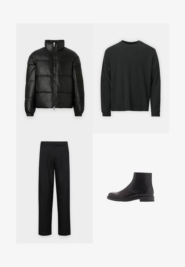 Črna pufasta jakna z visokim ovratnikom, z zadrgo spredaj, prešito zasnovo, elastičnimi manšetami in sijočim, gladkim zaključkom tkanine.; Dolga majica iz črnega bombaža z dolgimi rokavi, okroglim izrezom in ohlapnim krojem ter rebrastimi manšetami. Gladka tekstura brez vidnih vzorcev.; Črne hlače iz gladkega materiala, s krojem ravne noge, dvema sprednjima pregiboma in standardnim pasom z zankami za pas.; Črne usnjene gležnjarje z gladko teksturo, zaobljenim nosom, elastikami na straneh in nizko nalagano peto. Minimalističen dizajn s subtilnimi šivi.