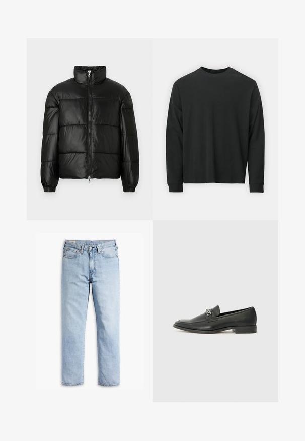 Czarna kurtka puchowa z wysokim kołnierzem, zapięciem na zamek błyskawiczny z przodu, pikowanym wzorem, elastycznymi mankietami oraz błyszczącym, gładkim wykończeniem materiału.; Czarna koszulka z długim rękawem, wykonana z bawełny, z okrągłym dekoltem, luźnym krojem i ściągaczami na rękawach. Gładka tekstura bez widocznych wzorów.; Jasnoniebieskie dżinsy z prostą nogawką, w stylu pięciu kieszeni, z mocnym wykończeniem szwów. Posiadają zamek błyskawiczny i metalowy guzik.; Czarne skórzane mokasyny o gładkim wykończeniu, z haftowanym wzorem i dekoracyjnym akcentem z metalowego łańcucha na wierzchu. Płaska pięta.