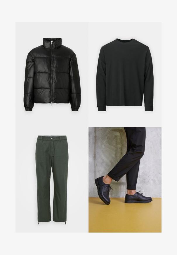 Črna pufasta jakna z visokim ovratnikom, z zadrgo spredaj, prešito zasnovo, elastičnimi manšetami in sijočim, gladkim zaključkom tkanine.; Dolga majica iz črnega bombaža z dolgimi rokavi, okroglim izrezom in ohlapnim krojem ter rebrastimi manšetami. Gladka tekstura brez vidnih vzorcev.; Hlače v temno zeleni barvi, narejene iz gladkega blaga. Model s pravo nogavico z gumbom, nastavljivi vrvici na konicah.; Črne usnjene čevlje na vezalke z zaobljenim nosom, teksturirano površino in debelim gumijastim podplatom. Nosi se z zvitimi črnimi hlačami na betonski podlagi.