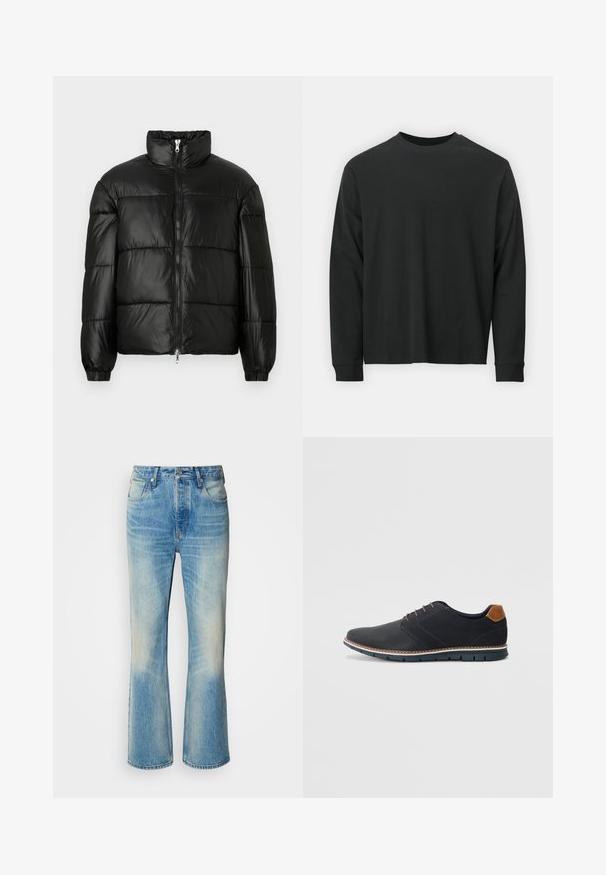 Chaqueta de pluma negra con un cuello alto, cierre frontal con cremallera, diseño acolchado, puños elásticos y acabado de tela brillante y suave.; Camiseta negra de manga larga, hecha de algodón, con escote redondo, corte holgado y puños acanalados. Textura suave sin patrones visibles.; Jeans de mezclilla de color azul claro con un diseño de pierna acampanada, que presentan un acabado desgastado, bolsillos frontales y una cintura con botones. Costuras reforzadas visibles.; Zapatos sintéticos negros con un upper texturizado, acentos lisos, tacón marrón y una suela en contraste. Presenta un cordón mínimo y detalles de costura.