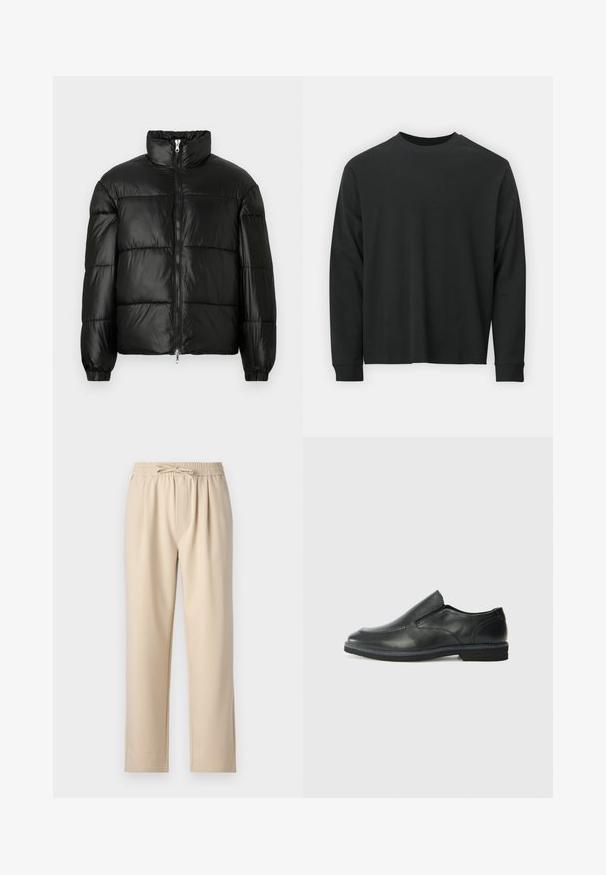 Casaco puffer preto com gola alta, fecho frontal em zíper, design acolchoado, punhos elásticos e acabamento de tecido brilhante e suave.; Camisola de manga longa preta, feita de algodão, com decote redondo, corte largo e punhos canelados. Textura suave sem padrões visíveis.; Calças bege com cintura elástica e cordão, design de perna reta e textura de tecido suave e liso.; Sapato slip-on preto em pele com um upper liso, acabamentos cosidos, bico arredondado e um salto de borracha baixo. A sola apresenta um padrão de aderência mínimo.