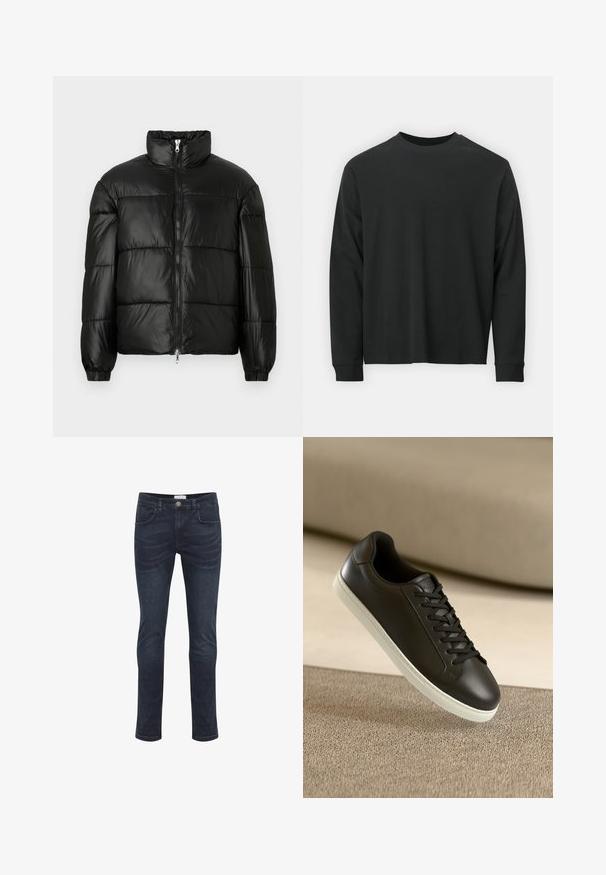 Juodas pūkinis švarkas su aukštu apykakle, užtrauktuko priekyje, siuvinėtu dizainu, elastingais rankogaliais ir blizgia, lygiąja audinio apdaila.; Ilga melsva juoda marškinėliai, pagaminti iš medvilnės, su apvaliu iškirpimu, laisvu siluetu ir ripsuota apykakle. Lygus paviršius be matomų raštų.; Tamsiai mėlyni, šonu prigludę džinsai su priekiniais mygtukais, užtrauktuku ir penkių kišenių dizainu, pateikti ant balto fono.; Juodų odinių sportbačių su baltu guminiu padu ir juodomis raištelėmis nuotrauka, padėta ant šviesiai rudos tekstilės paviršiaus ir fono.