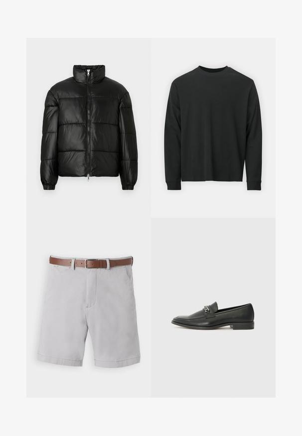 Black puffer jacket with a high collar, zip front closure, quilted design, elastic cuffs, and shiny, smooth fabric finish.; Long-sleeve black T-shirt made of cotton, featuring a round neckline, loose fit, and ribbed cuffs. Smooth texture with no visible patterns.; Light gray shorts made from cotton blend fabric, featuring a brown leather belt, side pockets, and a relaxed fit.; Black leather loafer with a smooth finish, featuring a stitched design and a decorative metal chain accent across the vamp. Flat heel.