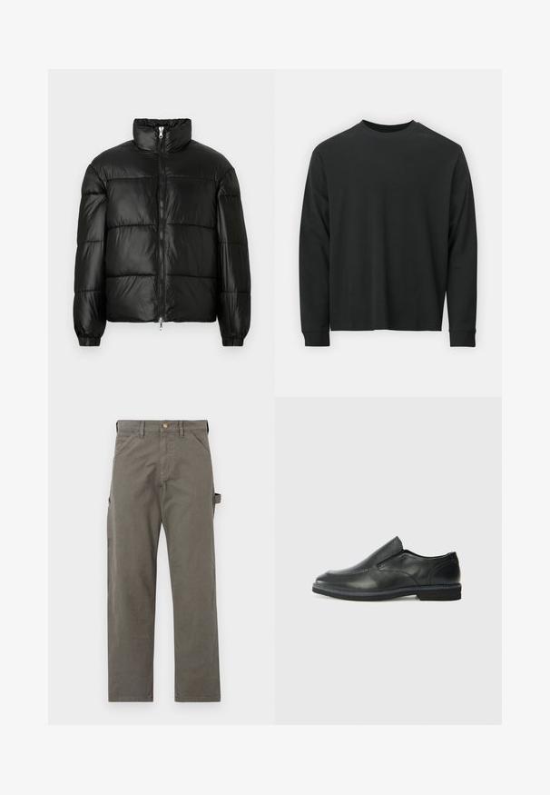 Casaco puffer preto com gola alta, fecho frontal em zíper, design acolchoado, punhos elásticos e acabamento de tecido brilhante e suave.; Camisola de manga longa preta, feita de algodão, com decote redondo, corte largo e punhos canelados. Textura suave sem padrões visíveis.; Calças cargo em algodão cinza escuro com perna reta, apresentando bolsos laterais e um fecho de botão na cintura. Textura suave, detalhes mínimos.; Sapato slip-on preto em pele com um upper liso, acabamentos cosidos, bico arredondado e um salto de borracha baixo. A sola apresenta um padrão de aderência mínimo.