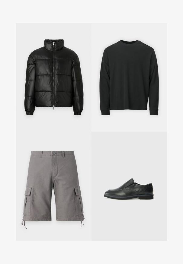 Casaco puffer preto com gola alta, fecho frontal em zíper, design acolchoado, punhos elásticos e acabamento de tecido brilhante e suave.; Camisola de manga longa preta, feita de algodão, com decote redondo, corte largo e punhos canelados. Textura suave sem padrões visíveis.; Bermudas cinzas em tecido de mistura de algodão. Apresentam bolsos laterais, cordões ajustáveis na bainha e fecho por botão.; Sapato slip-on preto em pele com um upper liso, acabamentos cosidos, bico arredondado e um salto de borracha baixo. A sola apresenta um padrão de aderência mínimo.