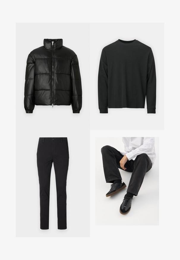 Giacca a vento nera con colletto alto, chiusura frontale con zip, design trapuntato, polsini elasticizzati e finitura in tessuto lucido e liscio.; Maglietta nera a maniche lunghe in cotone, con scollatura rotonda, vestibilità ampia e polsini a costine. Texture liscia senza motivi visibili.; Pantaloni neri slim-fit realizzati in tessuto misto cotone, con tasche frontali, chiusura a bottone e una texture liscia senza motivi.; Sneaker nere con una tomaia liscia e testurizzata, con suola in gomma e lacci scuri. Abbinati a jeans neri e una camicia bianca a righe.