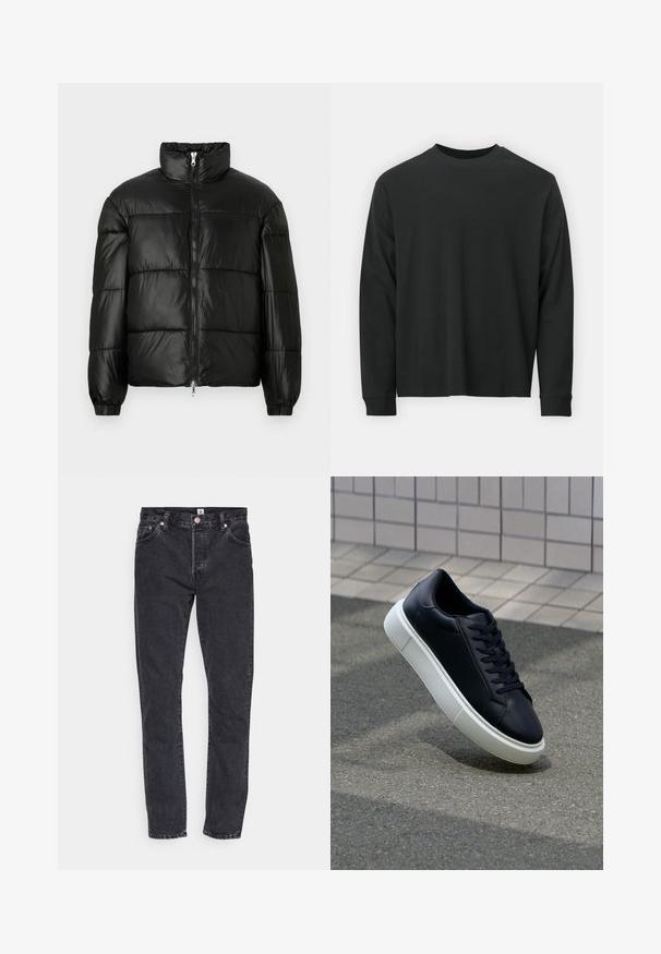 Črna pufasta jakna z visokim ovratnikom, z zadrgo spredaj, prešito zasnovo, elastičnimi manšetami in sijočim, gladkim zaključkom tkanine.; Dolga majica iz črnega bombaža z dolgimi rokavi, okroglim izrezom in ohlapnim krojem ter rebrastimi manšetami. Gladka tekstura brez vidnih vzorcev.; Edwin Kavbojke slim fit - black; Črne usnjene superge z zaobljenim prstom in belim gumijastim podplat. Imajo ravne vezalke in minimalno šivanje na zgornjem delu. Teksturirani podplat za oprijem.