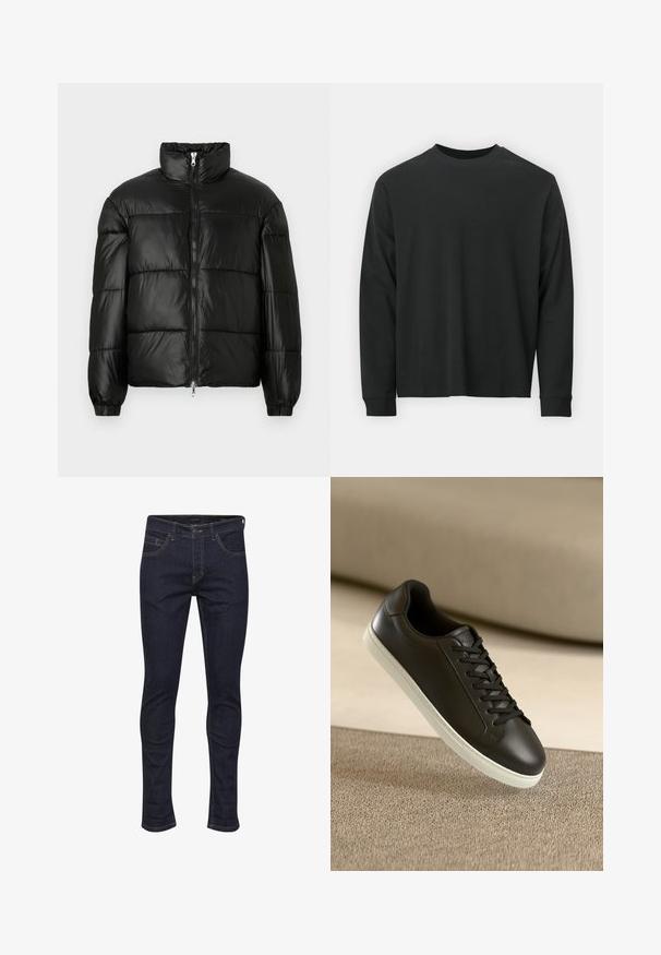 Svart pufferjakke med høy krage, glidelås foran, quiltet design, elastiske mansjetter og blank, glatt stofffinish.; Langermet svart T-skjorte laget av bomull, med rund hals, løs passform og ribbestrikkede mansjetter. Glatt tekstur uten synlige mønstre.; Mørke denim jeans med smal passform, som har fem lommer, oransje sømmer og en klassisk knappelukking i livet.; Svart lær sneakers med hvit gummisåle og svarte lisser, plassert mot en beige stoffoverflate og bakgrunn.