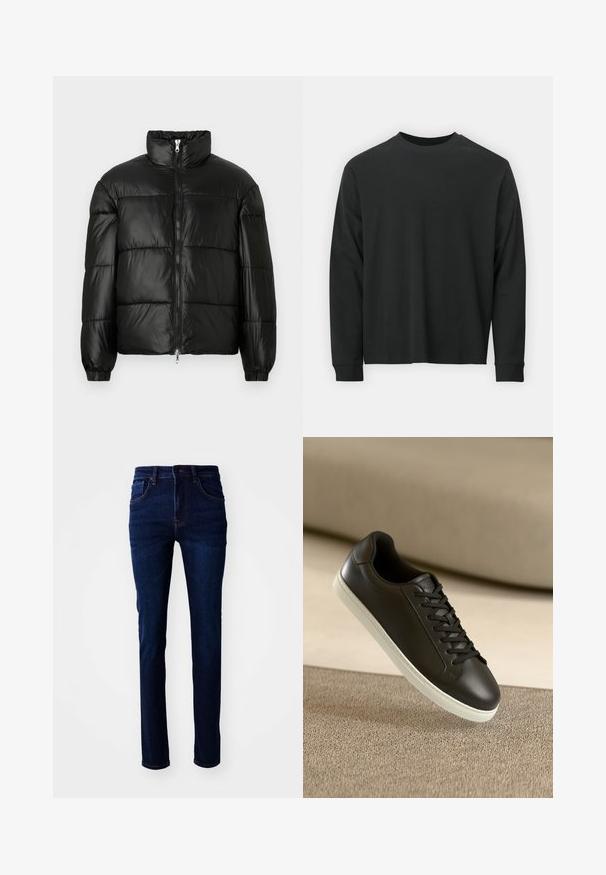 Juodas pūkinis švarkas su aukštu apykakle, užtrauktuko priekyje, siuvinėtu dizainu, elastingais rankogaliais ir blizgia, lygiąja audinio apdaila.; Ilga melsva juoda marškinėliai, pagaminti iš medvilnės, su apvaliu iškirpimu, laisvu siluetu ir ripsuota apykakle. Lygus paviršius be matomų raštų.; Tamsiai mėlynos džinsinės kelnes su tiesiu kirpimu, penkių kišenių dizainu ir subtiliais siūlais. Audinys turi lygų paviršių.; Juodų odinių sportbačių su baltu guminiu padu ir juodomis raištelėmis nuotrauka, padėta ant šviesiai rudos tekstilės paviršiaus ir fono.