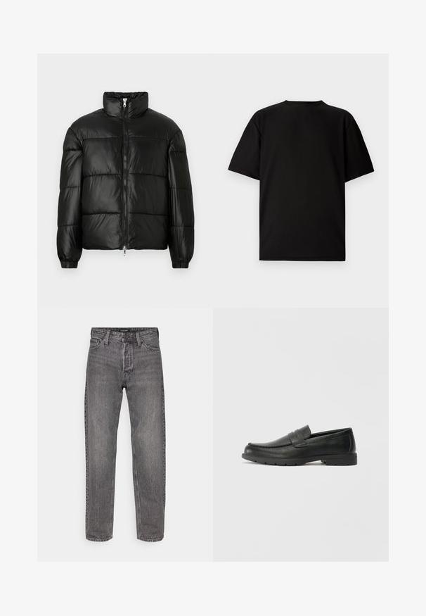 Casaco puffer preto com gola alta, fecho frontal em zíper, design acolchoado, punhos elásticos e acabamento de tecido brilhante e suave.; T-shirt preto de manga curta feito de tecido canelado. Apresenta um decote redondo e um ajuste descontraído com uma textura suave. Apenas vista traseira.; Jeans de denim cinza com corte reto, cinco bolsos e uma textura ligeiramente desgastada. Apresenta uma cintura com marca e ferragens padrão.; Sapatos mocassins de couro preto com acabamentos lisos, parte superior em estilo mocassins, detalhes em costura e sola de borracha. Design clássico com um salto baixo.