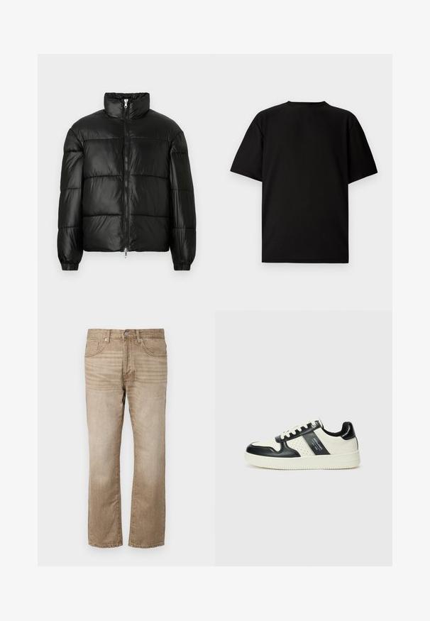 Geacă neagră din material puffy, cu guler înalt, închidere cu fermoar pe față, design matlasat, mansete elastice și finisaj din țesătură lucioasă și netedă.; Tricou negru cu mânecă scurtă, fabricat din material cu textură de tip ribbed. Are un decolteu rotund și o croială lejeră cu o textură fină. Vedere din spate.; Blugi din denim bej, cu un design drept, având cinci buzunare, închidere cu nasture și o ușoară decolorare pe material.; Tenisi din piele cu un scheme de culori negru și crem, dotati cu accente perforate, guler căptușit și o talpă texturată.