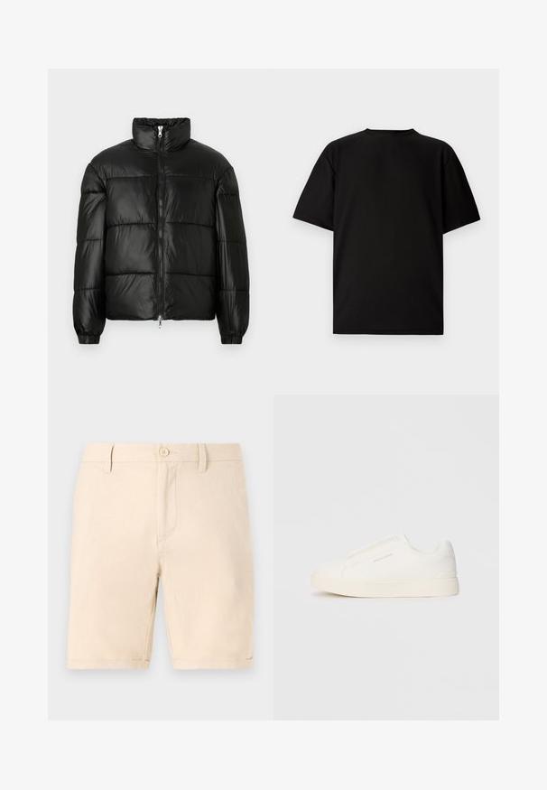 Black puffer jacket with a high collar, zip front closure, quilted design, elastic cuffs, and shiny, smooth fabric finish.; Black short-sleeve T-shirt made from ribbed fabric. Features a round neckline and a relaxed fit with a smooth texture. Back view only.; Beige cotton shorts with a flat front design, a single button closure, and turned-up cuffs. Features side pockets and a smooth texture.; White slip-on sneakers with a textured surface, a thick sole, and minimalistic design. Features brand logo on the side.