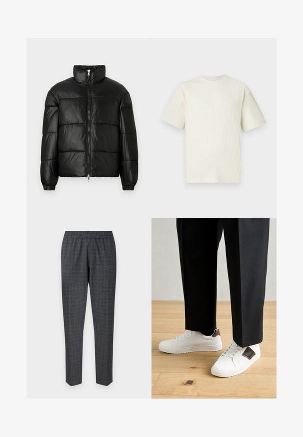 Must mustaga jakker, millel on kõrge krae, luku esikinnitus, tikanditud disain, elastsed mansetid ja läikiv, sile kangast viimistlus.; Heledbeige ribaga särk, millel on lühikesed varrukad ja ümar kaelus, esitleb end lihtsa valge tausta ees.; Hallid ruudulised püksid, millel on elastne vöökoht ja kitsenevad sääred, on valmistatud tekstuuriga kangast, millel on peen mustr.; Valged sneakersid siledat tekstuurist, millel on pruunad nahast detailid ja mustad aksessuaarid, millele on sobitatud mustad kohandatud püksid. Puitpõranda taust.