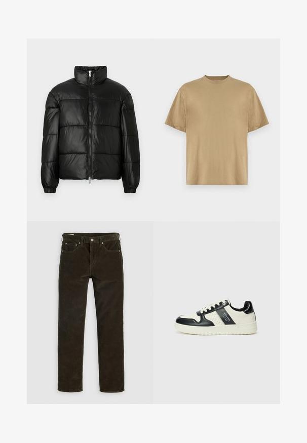 Must mustaga jakker, millel on kõrge krae, luku esikinnitus, tikanditud disain, elastsed mansetid ja läikiv, sile kangast viimistlus.; Khaki lühikeste varrukatega T-särk, mis on valmistatud pehmest kangast, ümara kaelusega ja mugava lõikega. Mustreid ega graafikat pole.; Pruunid korduroop-püksid sirge lõikega, viie taskuga, nähtava õmblusega ja tekstuurse kanga viimistlusega. Metallne nupulukk vööl.; Nahatud nahkkingad musta ja kreemi värviskeemiga, millel on perforeeritud aktsendid, pehme krae ja tekstureeritud tallad.