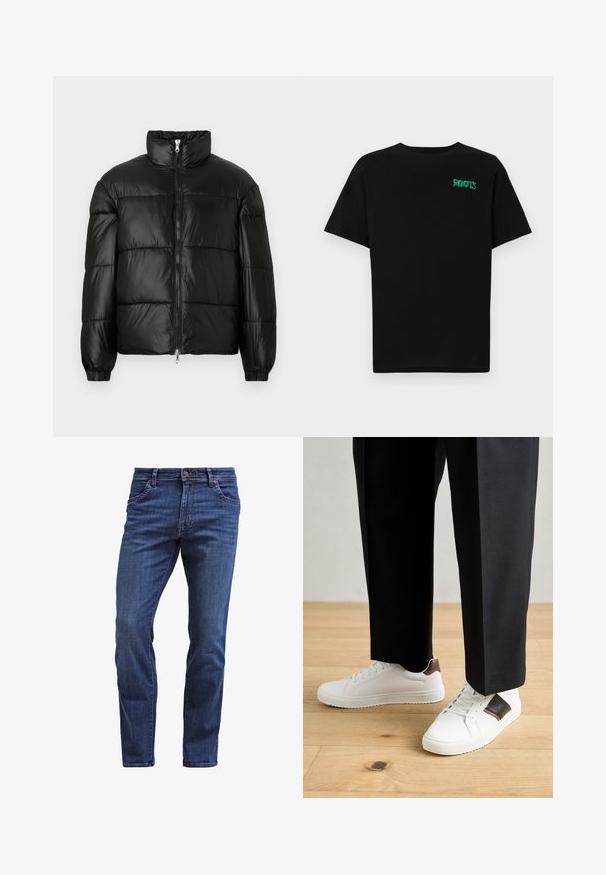 Juodas pūkinis švarkas su aukštu apykakle, užtrauktuko priekyje, siuvinėtu dizainu, elastingais rankogaliais ir blizgia, lygiąja audinio apdaila.; Juodas medvilninis marškinėliai trumpomis rankovėmis. Priekyje yra žalias „ROOTS“ logotipas, apvalus iškirpimas ir standartinė prigludimo forma.; Tamsiai mėlynos džinsinės kelnės su tiesiogiu siluetu, turinčios penkias kišenes, mygtukų užtrauktuką ir subtilų plovimą ant šlaunų.; Balti sportbačiai su glotnia danga, puošti rudais odiniais akcentais ir juodais detalėmis, derinami su juodais pritaikytais kelnėmis. Medinių grindų fonas.