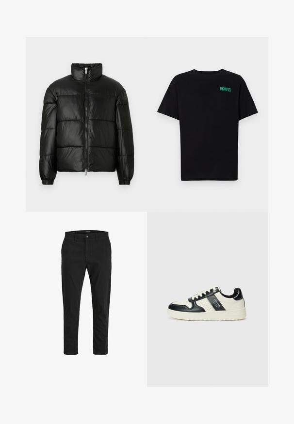 Black puffer jacket with a high collar, zip front closure, quilted design, elastic cuffs, and shiny, smooth fabric finish.; Black t-shirt made of cotton with short sleeves. Features a green "ROOTS" logo on the front, round neckline, and standard fit.; Black chinos with a slim fit, made of cotton. Features a button closure, front pockets, and a smooth texture. Clean design without patterns.; Leather sneakers with a black and cream color scheme, featuring perforated accents, a padded collar, and a textured outsole.