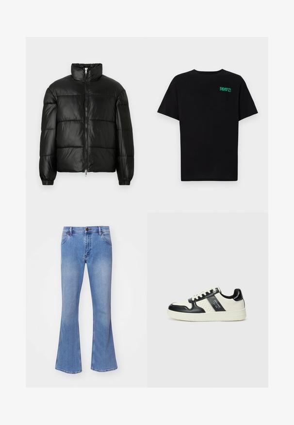 Chaqueta de pluma negra con un cuello alto, cierre frontal con cremallera, diseño acolchado, puños elásticos y acabado de tela brillante y suave.; Camiseta negra de algodón con mangas cortas. Presenta un logo verde "ROOTS" en el frente, escote redondo y corte estándar.; Jeans de mezclilla acampanados de color azul claro con un diseño clásico de cinco bolsillos, que cuentan con un cierre de cremallera y un botón. Tejido texturizado.; Zapatillas de cuero con un esquema de colores negro y crema, que cuentan con acentos perforados, un collar acolchado y una suela texturizada.