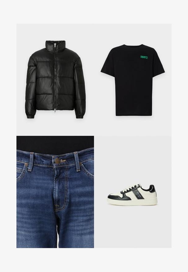 Chaqueta de pluma negra con un cuello alto, cierre frontal con cremallera, diseño acolchado, puños elásticos y acabado de tela brillante y suave.; Camiseta negra de algodón con mangas cortas. Presenta un logo verde "ROOTS" en el frente, escote redondo y corte estándar.; Vaqueros de mezclilla azul con un corte recto. Presentan un cierre de botón, costuras en contraste y un diseño de cinco bolsillos. El nombre de la marca "Lee" es visible en el botón.; Zapatillas de cuero con un esquema de colores negro y crema, que cuentan con acentos perforados, un collar acolchado y una suela texturizada.