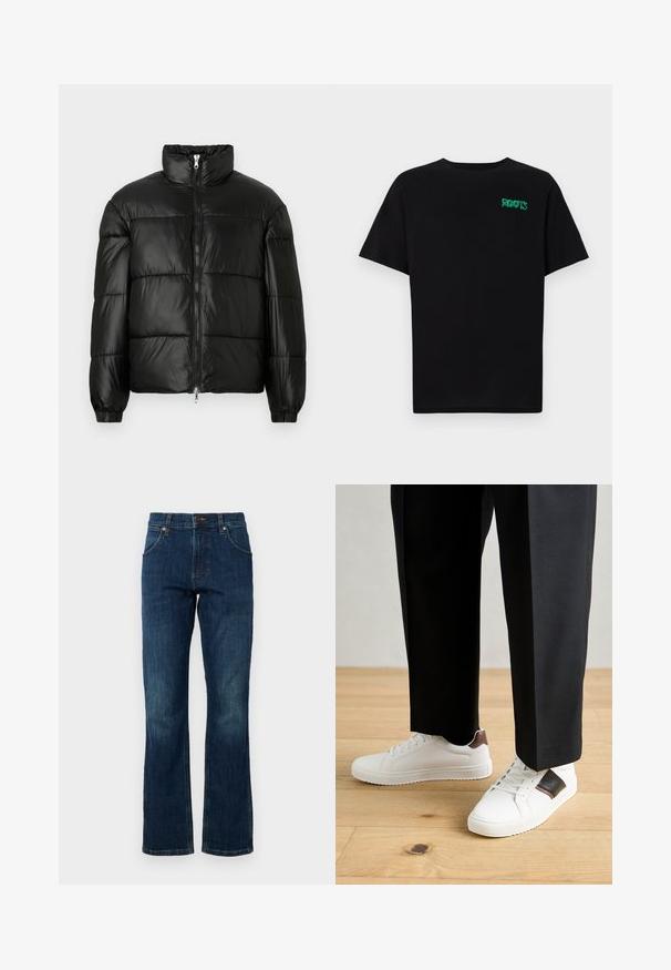 Juodas pūkinis švarkas su aukštu apykakle, užtrauktuko priekyje, siuvinėtu dizainu, elastingais rankogaliais ir blizgia, lygiąja audinio apdaila.; Juodas medvilninis marškinėliai trumpomis rankovėmis. Priekyje yra žalias „ROOTS“ logotipas, apvalus iškirpimas ir standartinė prigludimo forma.; Mėlynos džinsinės platėjančios kelnės pasižymi vidutiniu juosmens aukščiu, penkiomis kišenėmis ir subtiliu išblukusiu raštu ant kojų. Uždarymas su metaliniu mygtuku.; Balti sportbačiai su glotnia danga, puošti rudais odiniais akcentais ir juodais detalėmis, derinami su juodais pritaikytais kelnėmis. Medinių grindų fonas.