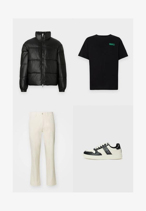 Črna pufasta jakna z visokim ovratnikom, z zadrgo spredaj, prešito zasnovo, elastičnimi manšetami in sijočim, gladkim zaključkom tkanine.; Črna majica iz bombaža z kratkimi rokavi. Na sprednji strani ima zeleno logotip "ROOTS", okroglo ovratnico in standardno prileganje.; Bež hlače iz bombaža s ravnim krojem, z zapiranjem na gumb in stranskim žepom. Gladka tekstura in preprost slog.; Usnjeni športni čevlji z črno in krem barvno shemo, ki vključujejo perforirane dodatke, podložen ovratnik in strukturirano podplat.