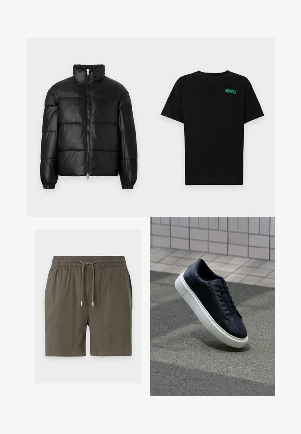 Casaco puffer preto com gola alta, fecho frontal em zíper, design acolchoado, punhos elásticos e acabamento de tecido brilhante e suave.; T-shirt preta feita de algodão com mangas curtas. Apresenta um logótipo verde "ROOTS" na frente, gola redonda e corte standard.; Calções verde escuro com um cós elástico, fecho com cordão e uma textura suave e leve. Sem bolsos visíveis ou padrões.; Sapatilha de couro preto com bico arredondado e sola de borracha branca. Apresenta atacadores planos e costuras mínimas na parte superior. Sola texturizada para melhor aderência.