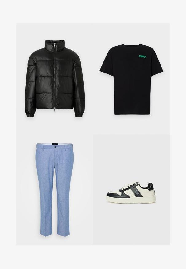 Melna pūkainā jaka ar augstu apkakli, rāvējslēdzēja priekšējo aizdari, quilted dizainu, elastīgām piedurknēm un spīdīgu, gludu auduma apdari.; Melna kokvilnas t-kreka ar īsām piedurknēm. Uz priekšu ir zaļa "ROOTS" logo, apaļa kakla izgriezums un standarta piegriezums.; Gaiši zili bikses, izgatavotas no strukturēta auduma, ar taisnu griezumu, jostas cilpām un vienu priekšējo pogu.; Ādas sporta apavi ar melnbaltu krāsu shēmu, ar perforētiem akcentiem, mīkstinātu apkakli un teksturētu zoli.