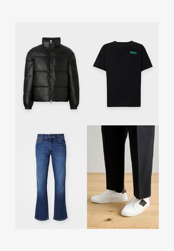Casaco puffer preto com gola alta, fecho frontal em zíper, design acolchoado, punhos elásticos e acabamento de tecido brilhante e suave.; T-shirt preta feita de algodão com mangas curtas. Apresenta um logótipo verde "ROOTS" na frente, gola redonda e corte standard.; Jeans flare de denim azul com cintura alta, cinco bolsos e um tom ligeiramente mais claro nas coxas. Abertura de perna reta.; Ténis brancos com textura suave, apresentando elementos em pele castanha e detalhes em preto, combinados com calças pretas ajustadas. Fundo de chão de madeira.