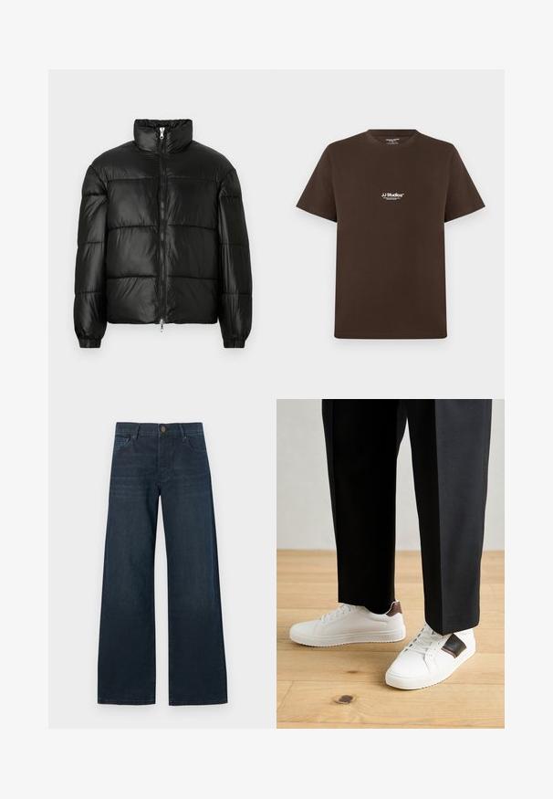 Zwarte pufferjack met een hoge kraag, ritsvoorzijde, gestikt ontwerp, elastische manchetten en een glanzende, gladde stofafwerking.; Bruine katoenen t-shirt met korte mouwen, ronde hals en een klein wit logo op de borst. Soepele textuur en regular fit.; Donkerblauwe wijde jeans met een soepele denimtextuur, voorzien van een gesloten knoop aan de voorkant, ceintuurlussen en een vijf-pocket ontwerp.; Witte sneakers met een gladde textuur, voorzien van bruine lederen accenten en zwarte details, gecombineerd met zwarte maatpakken. Achtergrond van houten vloeren.