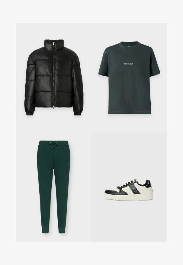 Casaco puffer preto com gola alta, fecho frontal em zíper, design acolchoado, punhos elásticos e acabamento de tecido brilhante e suave.; T-shirt de algodão verde escuro com decote redondo, mangas curtas e texto branco bordado "Original Studio" no peito. Textura suave.; Calças de fato em algodão verde, corte ajustado, cós elástico com cordão, punhos canelados, detalhe sutil do logótipo dourado na lateral.; Ténis de couro com um esquema de cores em preto e creme, apresentando detalhes perfurados, um colarinho acolchoado e uma sola texturizada.