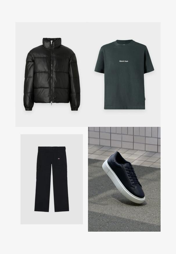 Čierna páperová bunda s vysokým golierom, predným zipsom, prešívaným dizajnom, elastickými manžetami a lesklým hladkým materiálom.; Tmavohnedé bavlnené tričko s okrúhlym výstrihom, krátkymi rukávmi a bielym vyšívaným textom "Original Studio" na hrudi. Hladká textúra.; Čierne cargo nohavice vyrobené z bavlny, s viacerými vreckami, hladkou textúrou a logom na pravom zadnom vrecku.; Čierne kožené tenisky s okrúhlou špičkou a bielou gumovou podrážkou. Majú ploché šnúrky a minimálne šitie na vrchu. Textúrovaná podrážka pre lepšiu priľnavosť.