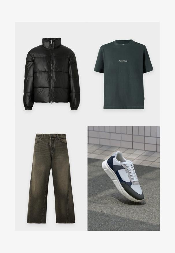 Zwarte pufferjack met een hoge kraag, ritsvoorzijde, gestikt ontwerp, elastische manchetten en een glanzende, gladde stofafwerking.; Donkergroene katoenen t-shirt met een ronde hals, korte mouwen en witte geborduurde tekst "Original Studio" op de borst. Soepele textuur.; Hoge taille, wijde zwarte vervaagde jeans met een sluiting van knoop en rits aan de voorkant, en standaard zijzakken.; Witte, marineblauwe en grijze sneaker met een gemengde materiaald ontwerp, met een gestructureerde bovenkant, platte veters en een gevoerde zool.