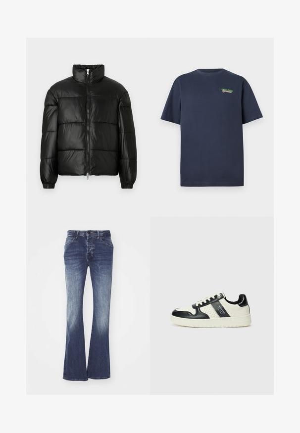 Μαύρο μπουφάν με φουσκωτό σχέδιο, ψηλό γιακά, κλείσιμο με φερμουάρ μπροστά, ραφές τύπου καπιτονέ, ελαστικές μανσέτες και γυαλιστερή, λεία υφή.; Μπλε ναυτικό κοντομάνικο βαμβακερό T-shirt με την επιγραφή "London Fields Superstore" κεντημένη σε πράσινο και κόκκινο στο πάνω αριστερό μέρος του στήθους.; Πλατιά τζιν μεσαίας μέσης σε μπλε απόχρωση, με εφέ ξεθωριάσματος από σκούρο σε ανοιχτό, πέντε τσέπες και κουμπωτή κλείσιμο.; Δερμάτινα sneakers με μαύρο και κρεμ χρωματικό σχέδιο, με διάτρητες λεπτομέρειες, επενδεδυμένο κολάρο και υφή στη σόλα.