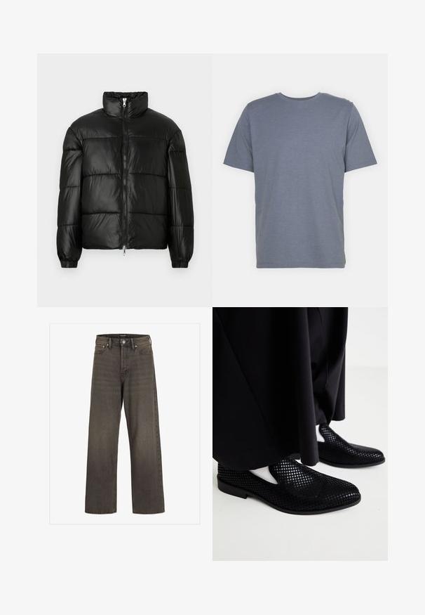 Mustat puffer-takki korkealla kauluksella, vetoketjukiinnitys edessä, tikattu malli, joustavat hihansuut ja kiiltävä, sileä kangasviimeistely.; Harmaa lyhythihainen T-paita, jossa on pyöreä kaula-aukko, valmistettu pehmeästä puuvillasekoitekankaasta. Yksinkertainen muotoilu, ilman kuvioita tai yksityiskohtia.; Valkoset farkut tummanharmaasta denimestä, joissa on korkea vyötärö, klassinen viisi-taskuinen muotoilu ja erottuvat ompeleet saumoissa.; Musta rei'itetty liukuhulkkasuoja, jossa on litteä pohja ja sileä pinta. Minimalistinen muotoilu, jossa on sivuleikkauksia. Yhdistetty mustiin housuihin.