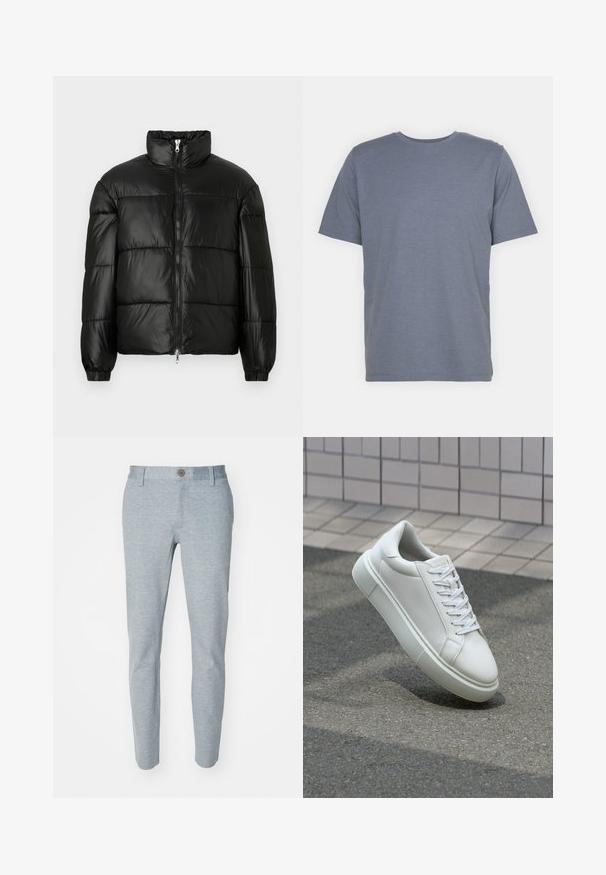 Casaco puffer preto com gola alta, fecho frontal em zíper, design acolchoado, punhos elásticos e acabamento de tecido brilhante e suave.; T-shirt cinza de manga curta com gola redonda, feita de um tecido suave em mistura de algodão. Design simples, sem padrões ou detalhes.; Calças azul claro feitas de tecido texturizado, apresentando um fecho de botão e um design de perna ajustada. Sem padrões ou acentos visíveis.; Tênis de couro branco com superfície lisa, bico redondo e cadarços brancos planos. Apresenta uma sola de borracha texturizada e elementos de design minimalistas.