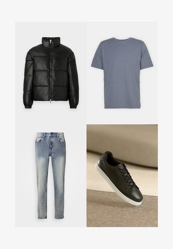 Črna pufasta jakna z visokim ovratnikom, z zadrgo spredaj, prešito zasnovo, elastičnimi manšetami in sijočim, gladkim zaključkom tkanine.; Siv majica s kratkimi rokavi in okroglo ovratnikom, izdelana iz mehkega bombažnega blaga. Preprost dizajn, brez vzorcev ali dodatkov.; Svetlo modri jeans z ravnimi hlačnicami, petimi žepi, gumbom za zapiranje in subtilnimi vzdolžnimi zmečkaninami v predelu kolen.; Črne usnjene superge z belo gumijasto podplatom in črnimi vezalkami, postavljene na bež tkaninsko površino in ozadje.