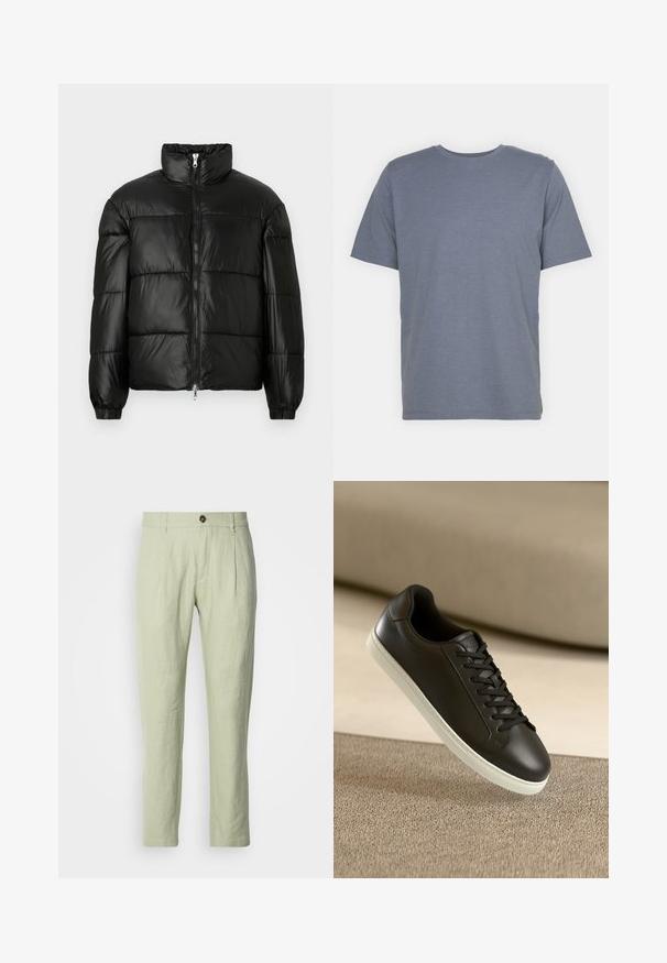 Must mustaga jakker, millel on kõrge krae, luku esikinnitus, tikanditud disain, elastsed mansetid ja läikiv, sile kangast viimistlus.; Hall hallitusest lühikeste varrukatega T-särk ümmarguse kaelusega, valmistatud pehmest puuvillasegusest kangast. Lihtne disain, ilma mustrite või aktsentideta.; Heledad rohelised lina püksid sirge lõikega, millel on ees nuppude sulgemine, kaks eesmist taskut ja sile tekstuur.; Mustad nahast tennisetossud valge kummist tallaga ja mustade paeltega, paigutatud beežile kangapinnale ja -taustale.