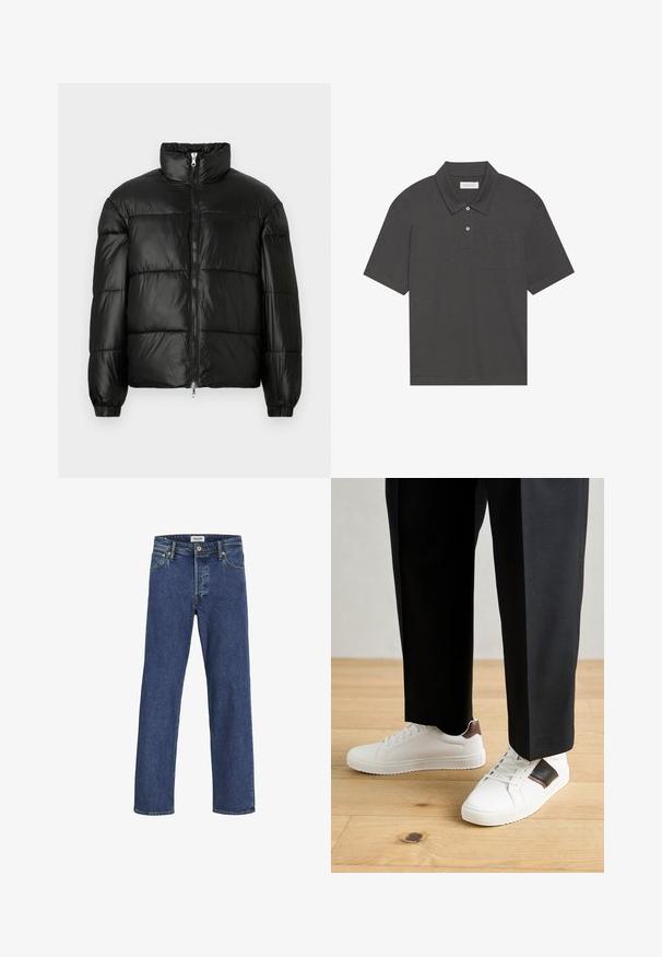 Geacă neagră din material puffy, cu guler înalt, închidere cu fermoar pe față, design matlasat, mansete elastice și finisaj din țesătură lucioasă și netedă.; Cămașă polo gri închis cu guler tradițional, închidere cu trei nasturi, mâneci scurte și buzunar pe partea stângă a pieptului. Textură de țesătură netedă.; Jeans din denim albastru închis cu un croi drept, cusături vizibile și design cu cinci buzunare; caracteristici un fermoar și o etichetă din piele.; Sneakers albe cu textură netedă, având accente din piele maro și detalii negre, asociate cu pantaloni negri pe măsură. Fundal din podea din lemn.