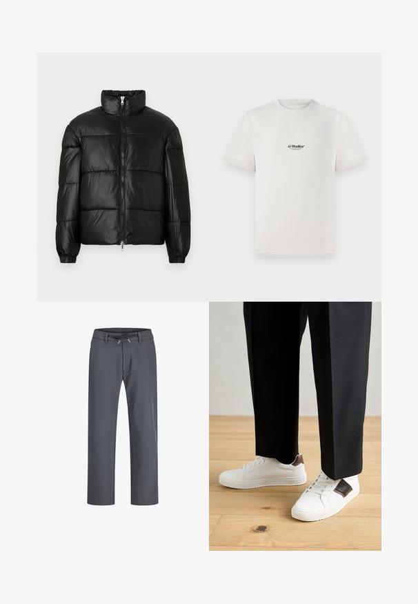 Sort puffet jakke med høj krave, lynlås foran, quiltet design, elastiske manchetter og skinnende, glat stoffinish.; Hvid bomuld t-shirt med korte ærmer, prydet med et sort "JJ Studios" logo på brystet. Rund hals og standard pasform.; Grå bukser med elastisk talje og snøring. Lige ben-design, lavet af glat stof, har minimal syning og ingen synlig hardware.; Hvide sneakers med glat tekstur, prydet med brune læderdetaljer og sorte detaljer, sammen med sorte skræddersyede bukser. Baggrund med trægulv.