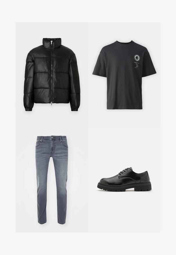 Must mustaga jakker, millel on kõrge krae, luku esikinnitus, tikanditud disain, elastsed mansetid ja läikiv, sile kangast viimistlus.; Must musta T-särk lühikeste varrukatega, ümar kaelus ning esiküljel päikese ja kuu graafika, millele on lisatud tekst "Le Soleil et La Lune."; Tumed sinine teksariie sirge lõikega, kerge fading, vöörihmade augud, esi-taskud ja väike logo vööümbrisel.; Mustad mustad nahast jalanõud, millel on ümardatud varvas, paeltega disain ja paks, tekstuuriga kummitald. Omab äärte pikeeringut ja siledat viimistlust.