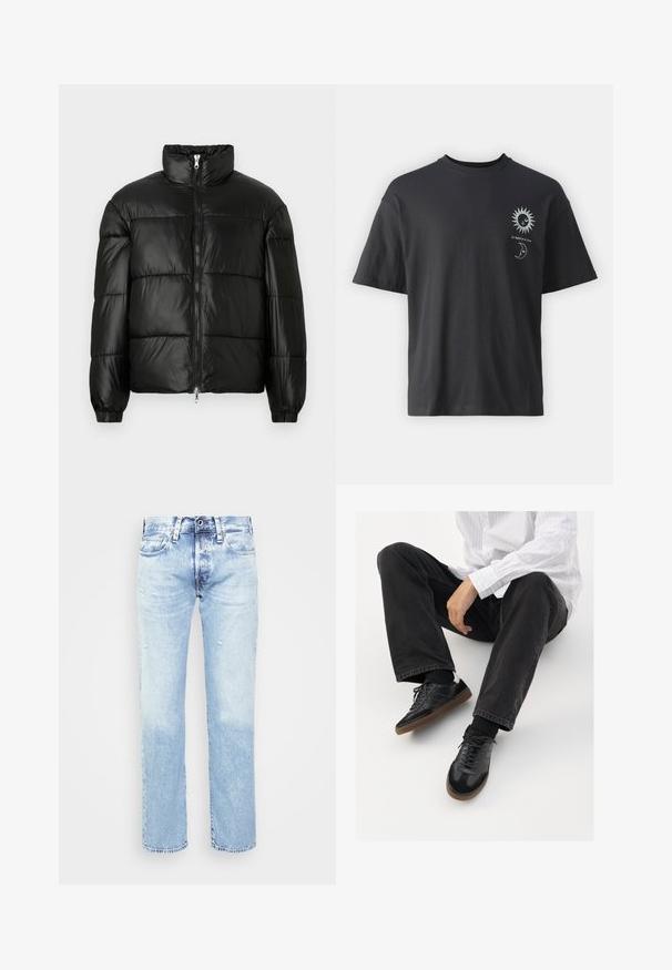 Crna puffer jakna s visokim ovratnikom, zatvaranjem na zip, quilted dizajnom, elastičnim manžetama i sjajnim, glatkim materijalom.; Crna pamučna majica kratkih rukava, okruglog izreza, s grafikom sunca i mjeseca na prednjoj strani, uz tekst "Le Soleil et La Lune."; Svijetloplave traperice s ravnim nogavicama, izlizanim detaljima i izblijedjelim završetkom, sadrže pet džepova i zatvaranje na gumb.; Crne tenisice s glatkim i teksturiranim gornjim dijelom, koje imaju gumeni potplat i tamne vezice. Uparene s crnim trapericama i bijelom košuljom s prugama.