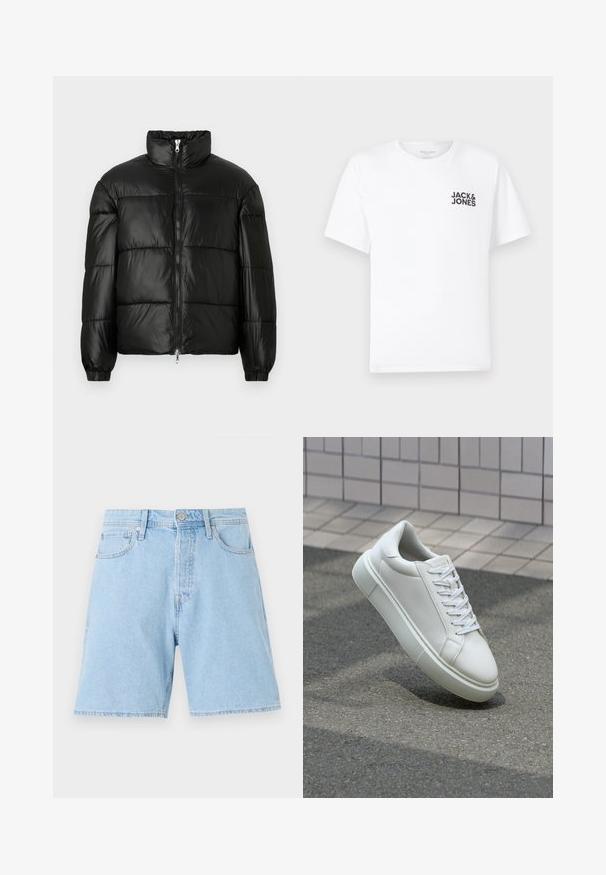 Chaqueta de pluma negra con un cuello alto, cierre frontal con cremallera, diseño acolchado, puños elásticos y acabado de tela brillante y suave.; Camiseta de algodón blanca, de manga corta, cuello redondo. Presenta el logo de texto en negro "JACK & JONES" en el área del pecho izquierdo. Diseño simple y liso.; Shorts de mezclilla azul claro con un corte clásico, cinco bolsillos, cierre de botón y dobladillo cosido. Tejido resistente con una textura suave.; Zapatilla de cuero blanca con una superficie lisa, punta redonda y cordones blancos planos. Presenta una suela de goma texturizada y elementos de diseño mínimos.