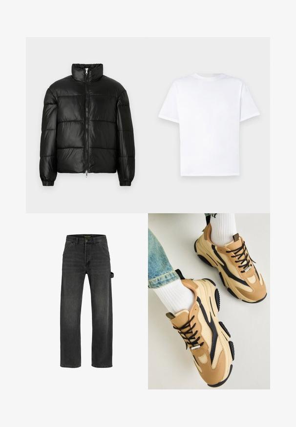 Schwarze Daunenjacke mit hohem Kragen, Reißverschluss vorne, gestepptem Design, elastischen Bündchen und glänzendem, glattem Stofffinish.; Weißes Baumwoll-T-Shirt mit Rundhalsausschnitt und kurzen Ärmeln. Geschmeidige Textur, gerader Schnitt, keine Muster oder Akzente. Nur Rückansicht.; Dunkelgraue Denim-Jeans mit geradem Schnitt, fünf Taschen, einem Metallknopfverschluss und einem seitlichen Riemendetail.; Steve Madden POSSESS - Sneaker low - khaki