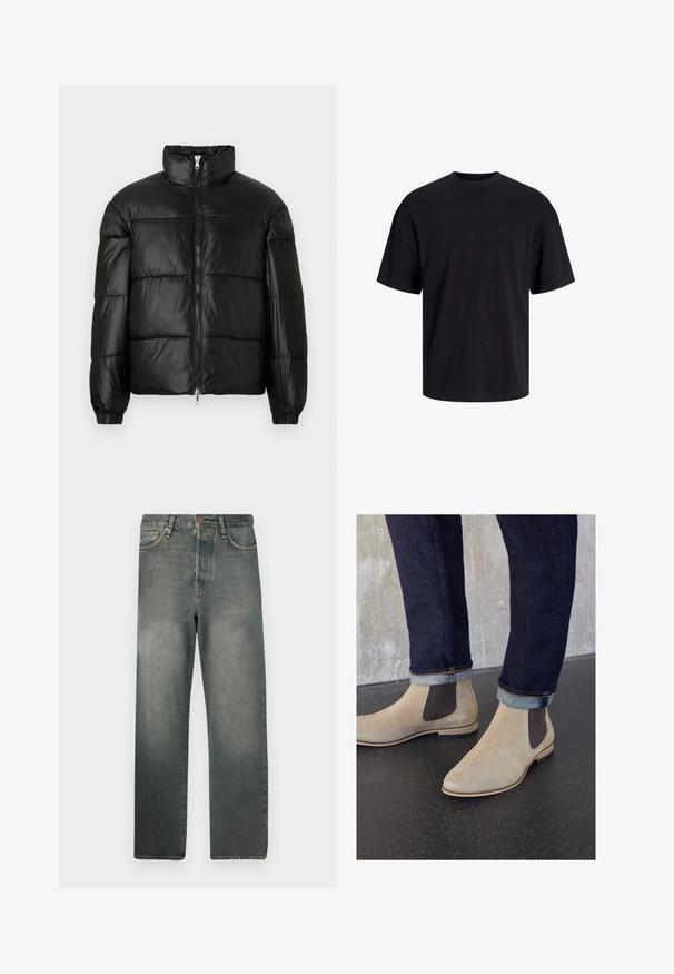 Črna pufasta jakna z visokim ovratnikom, z zadrgo spredaj, prešito zasnovo, elastičnimi manšetami in sijočim, gladkim zaključkom tkanine.; Črna bombažna majica s krojačkom izrezom, kratkimi rokavi in sproščenim krojem. Gladka tekstura in brez vidnih vzorcev ali poudarkov.; Jack & Jones JJIALEX JJCOOPER - Vrečaste kavbojke - black denim; Zign LEATHER - Klasični gležnjarji - sand