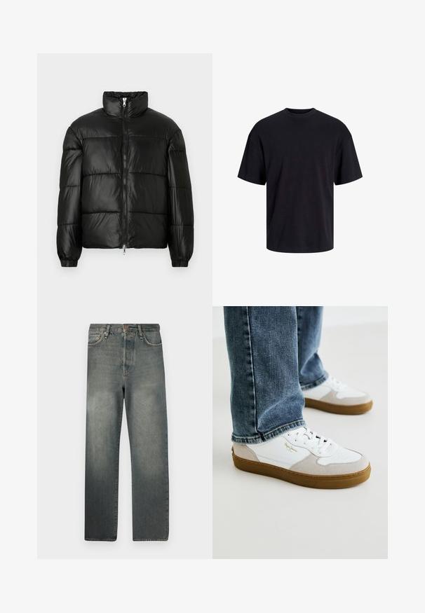 Černá péřová bunda s vysokým límcem, zapínáním na zip, prošívaným designem, elastickými manžetami a lesklým, hladkým povrchem.; Černé bavlněné tričko s kulatým výstřihem, krátkými rukávy a volným střihem. Hladká textura a žádné viditelné vzory ani akcenty.; Jack & Jones JJIALEX JJCOOPER - Baggy džíny - black denim; Bílé a béžové tenisky s hladkým koženým a semišovým svrškem, kulatou špičkou, šněrováním vpředu a hnědou gumovou podrážkou.