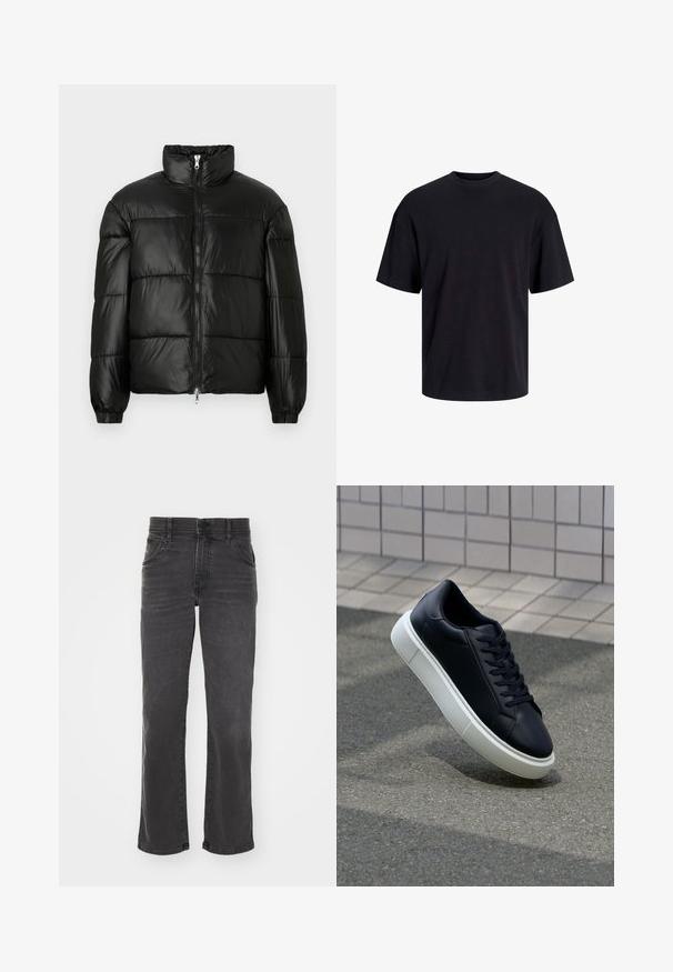 Črna pufasta jakna z visokim ovratnikom, z zadrgo spredaj, prešito zasnovo, elastičnimi manšetami in sijočim, gladkim zaključkom tkanine.; Črna bombažna majica s krojačkom izrezom, kratkimi rokavi in sproščenim krojem. Gladka tekstura in brez vidnih vzorcev ali poudarkov.; Črne jeans hlače z ravnim krojem. Imajo pet žepov, zapiranje na gumb in zadrgo ter rahlo zbledelo teksturo.; Črne usnjene superge z zaobljenim prstom in belim gumijastim podplat. Imajo ravne vezalke in minimalno šivanje na zgornjem delu. Teksturirani podplat za oprijem.