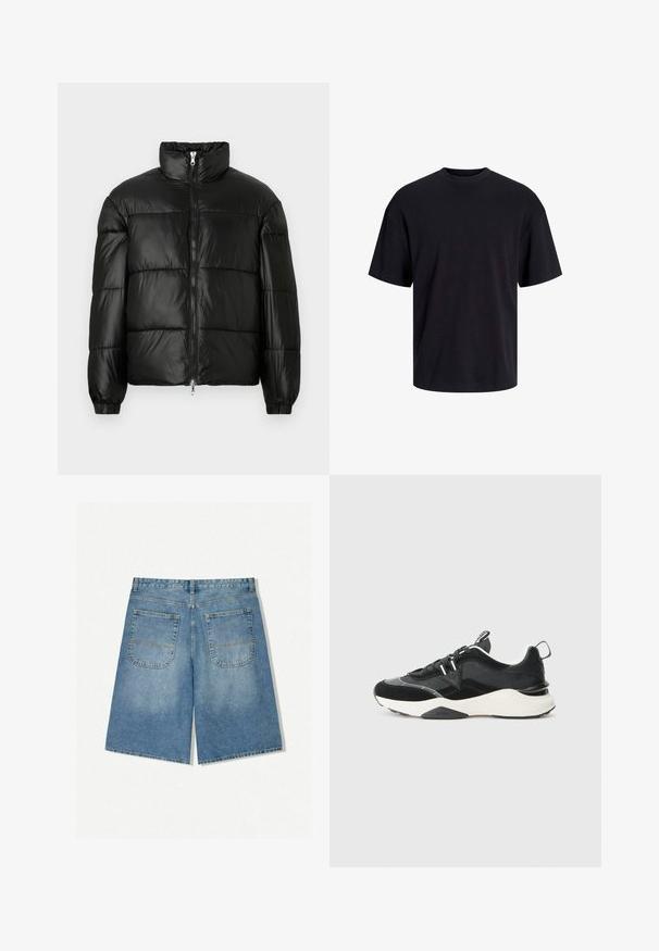 Črna pufasta jakna z visokim ovratnikom, z zadrgo spredaj, prešito zasnovo, elastičnimi manšetami in sijočim, gladkim zaključkom tkanine.; Črna bombažna majica s krojačkom izrezom, kratkimi rokavi in sproščenim krojem. Gladka tekstura in brez vidnih vzorcev ali poudarkov.; Denim kratke hlače v svetlo modri barvi s sproščenim krojem, ki imajo dve zadnji žepu in vidne šive. Tkanina ima mehak in gladek teksturo.; Črne športne copate, ki vključujejo mešanico semiša in mrežastih materialov, debele bele podplate in odsevne detajle. Zavezovanje z vezalkami in zanka za lažje obuvanje.