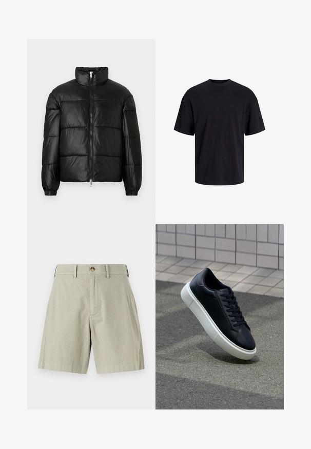 Giacca a vento nera con colletto alto, chiusura frontale con zip, design trapuntato, polsini elasticizzati e finitura in tessuto lucido e liscio.; T-shirt in cotone nero con collo rotondo, maniche corte e vestibilità morbida. Texture liscia senza pattern o dettagli visibili.; Pantaloni corti beige chiaro con fronte piatto, chiusura con un singolo bottone in metallo e passanti per cintura. Realizzati in un morbido tessuto misto cotone con vestibilità su misura.; Sneaker in pelle nera con punta arrotondata e suola in gomma bianca. Presenta lacci piatti e cuciture minime sulla parte superiore. Suola testurizzata per una migliore aderenza.