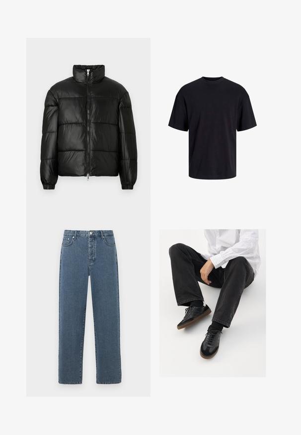 Black puffer jacket with a high collar, zip front closure, quilted design, elastic cuffs, and shiny, smooth fabric finish.; Black cotton t-shirt with a crew neckline, short sleeves, and a relaxed fit. Smooth texture and no visible patterns or accents.; Blue denim jeans with a straight-leg design, featuring a zip fly, belt loops, and five-pocket styling. Fabric shows slight fading and texture.; Black sneakers with a smooth and textured upper, featuring a rubber sole and dark laces. Paired with black jeans and a white striped shirt.