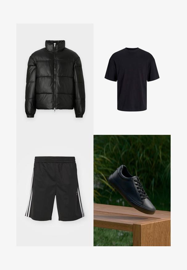 Melna pūkainā jaka ar augstu apkakli, rāvējslēdzēja priekšējo aizdari, quilted dizainu, elastīgām piedurknēm un spīdīgu, gludu auduma apdari.; Melns kokvilnas T-krekls ar apaļu kakla izgriezumu, īsām piedurknēm un brīvu piegriezumu. Gluda tekstūra un nav redzamu rakstu vai akcentu.; Melni sporta šorti ar elastīgu jostasvietu, ar baltām sānu svītrām un gludu auduma struktūru. Nav papildu rotājumu.; Melnas ādas sporta apavi ar gludu tekstūru, apaļu purngalu un plakanu šņorēšanu, novietoti virs koka virsmas ar zaļām zālēm fonā.