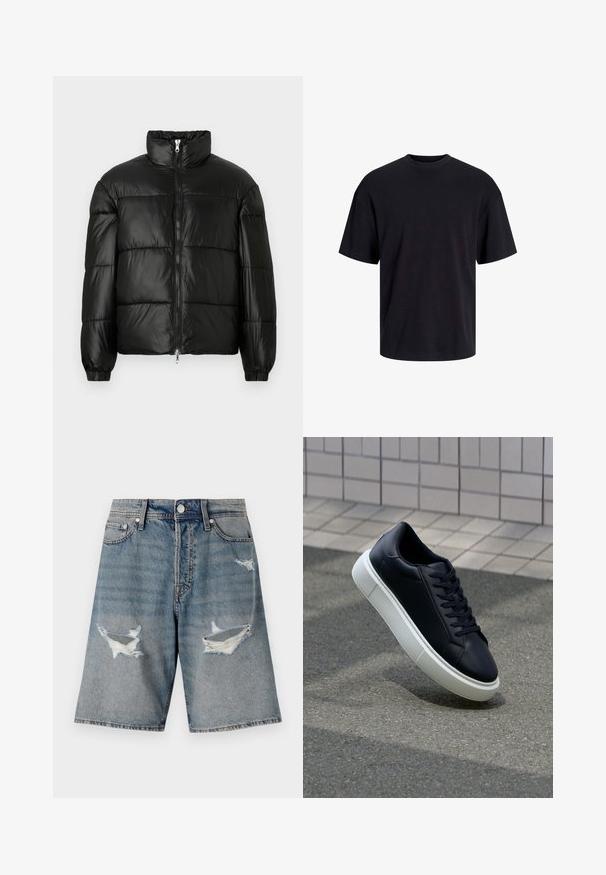 Czarna kurtka puchowa z wysokim kołnierzem, zapięciem na zamek błyskawiczny z przodu, pikowanym wzorem, elastycznymi mankietami oraz błyszczącym, gładkim wykończeniem materiału.; Czarna bawełniana koszulka z okrągłym dekoltem, krótkimi rękawami i luźnym krojem. Gładka tekstura, bez widocznych wzorów czy akcentów.; Jasnoniebieskie szorty dżinsowe z postrzępionymi łatami i strzępionymi brzegami. Posiadają standardowe kieszenie oraz zapięcie na guzik w talii.; Czarne skórzane sneakersy z okrągłym noskiem i białą gumową podeszwą. Posiadają płaskie sznurowadła i minimalne przeszycia na cholewce. Teksturowana podeszwa zapewnia przyczepność.